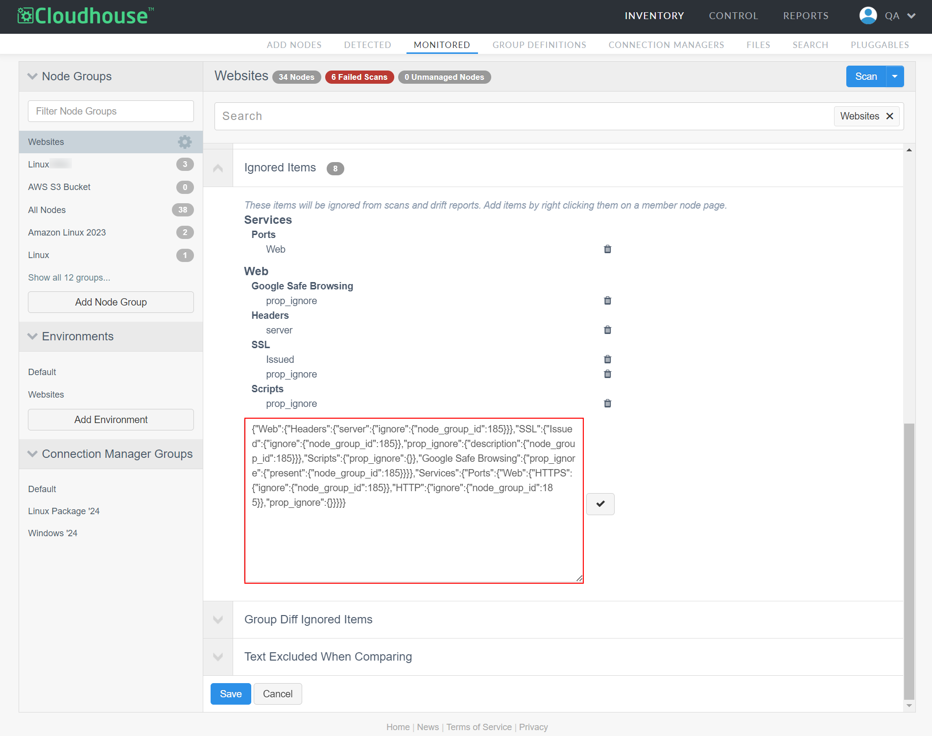 Screenshot of the Node Group Settings page with the Ignored Items JSON text edit box highlighted.